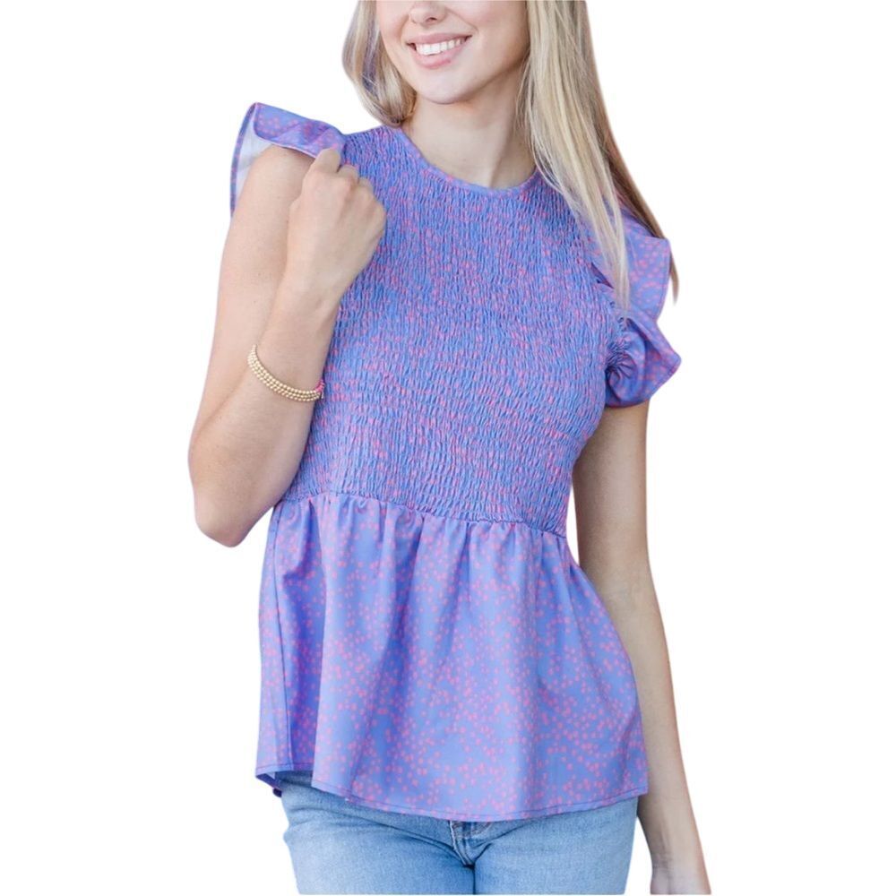 Michelle McDowell Blue Sleeveless Smocked Peplum Blouse Elyse Top Happy State